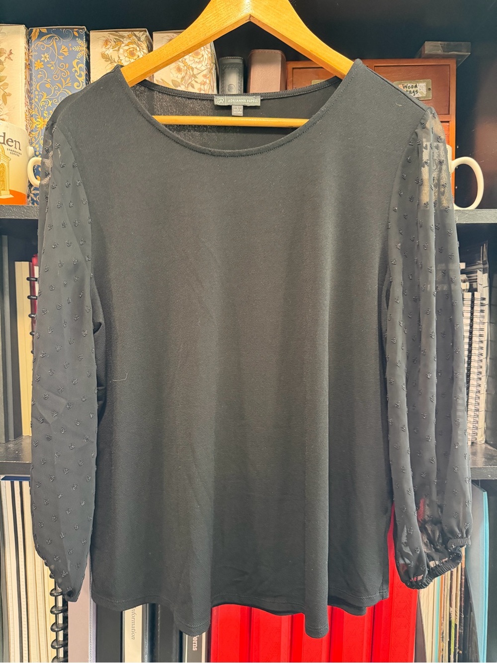 Adrianna Papell Black Crewneck Top with Sheer Dot Sleeves